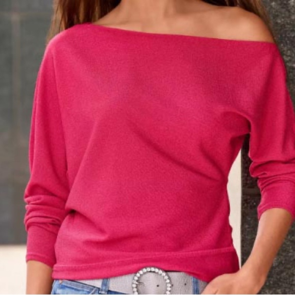 Boston Proper Metallic Slouchy Off-Shoulder Hot Pink Sweater